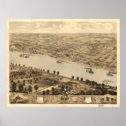 Vintage Pictorial Map of Jefferson City MO 1869 Poster