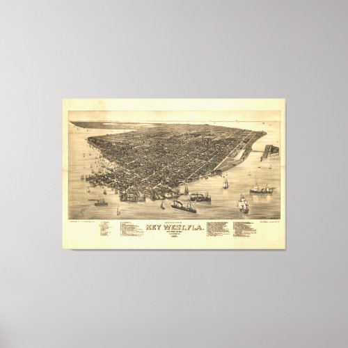 Vintage Pictorial Map of Key West FL 1884 Canvas Print