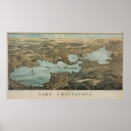 Vintage Pictorial Map of Lake Chautauqua NY 1885 Poster