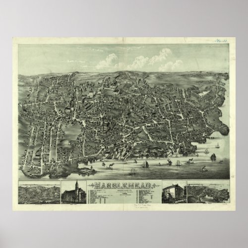 Vintage Pictorial Map of Marblehead MA 1882 Poster