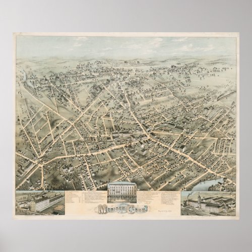 Vintage Pictorial Map of Meriden CT 1875 Poster