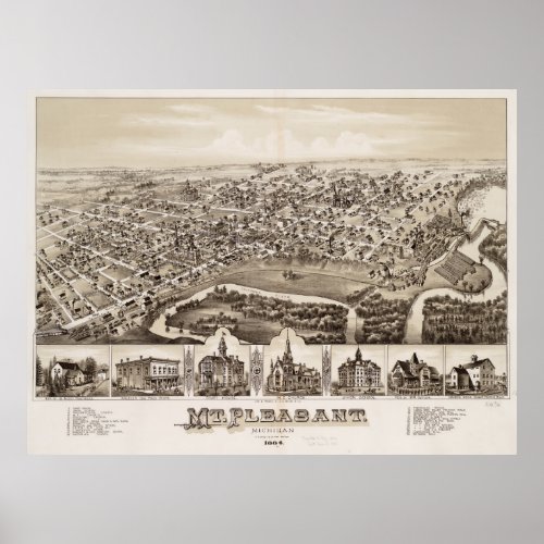 Vintage Pictorial Map of Mt Pleasant MI 1884 Poster