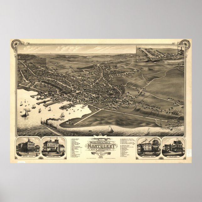 Vintage Pictorial Map of Nantucket (1881) Poster (Front)