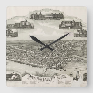 Vintage Pictorial Map of Narragansett RI (1888) Square Wall Clock