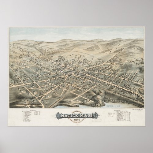 Vintage Pictorial Map of Natick MA 1877 Poster