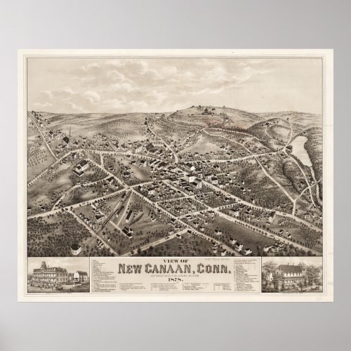 Vintage Pictorial Map of New Canaan CT 1878 Poster