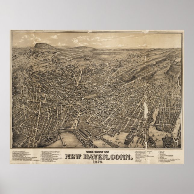 Vintage Pictorial Map of New Haven CT (1879) Poster (Front)