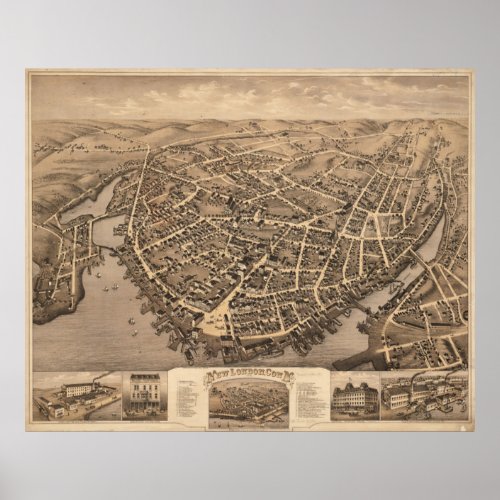 Vintage Pictorial Map of New London CT 1876 Poster