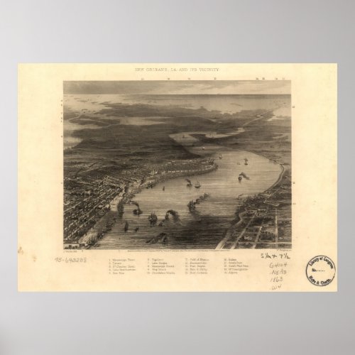 Vintage Pictorial Map of New Orleans 1863 Poster