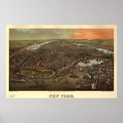 Vintage Pictorial Map of New York City 1873 Poster