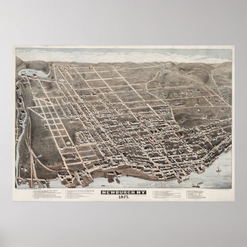 Vintage Pictorial Map of Newburgh New York 1875 Poster