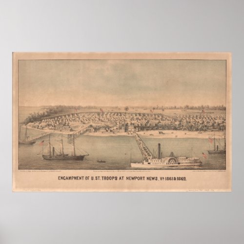 Vintage Pictorial Map of Newport News VA 1862 Poster