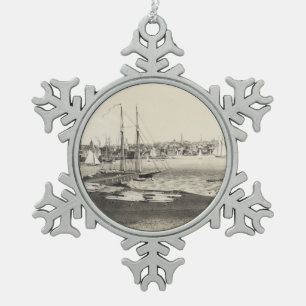 Vintage Pictorial Map of Newport RI (1860) Snowflake Pewter Christmas Ornament