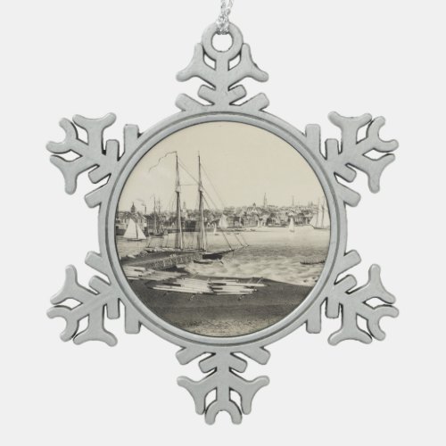 Vintage Pictorial Map of Newport RI 1860 Snowflake Pewter Christmas Ornament