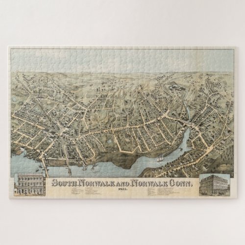 Vintage Pictorial Map of Norwalk Connecticut 1875 Jigsaw Puzzle