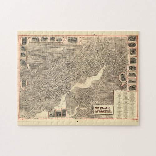 Vintage Pictorial Map of Norwalk CT 1889 Jigsaw Puzzle