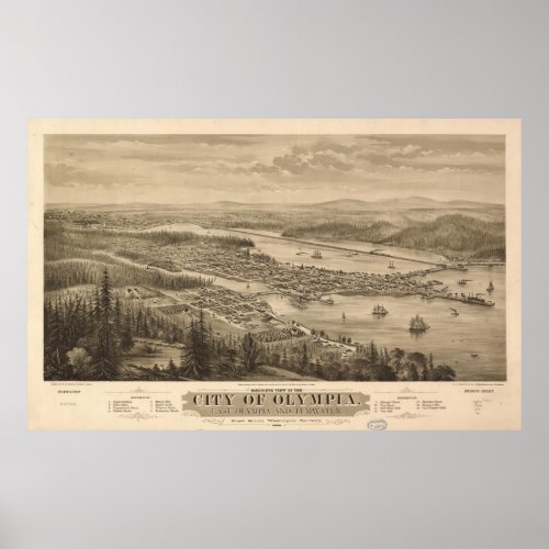 Vintage Pictorial Map of Olympia Washington 1879 Poster
