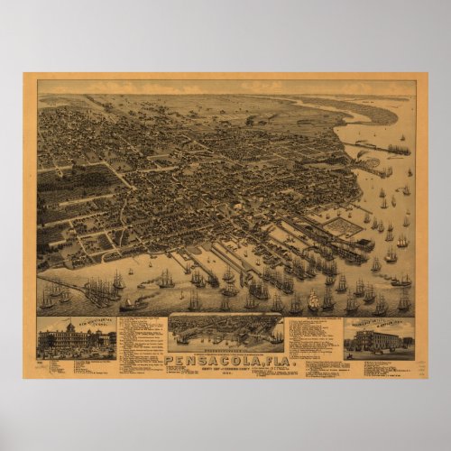Vintage Pictorial Map of Pensacola 1885 Poster