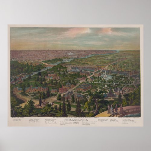 Vintage Pictorial Map of Philadelphia PA 1876 Poster