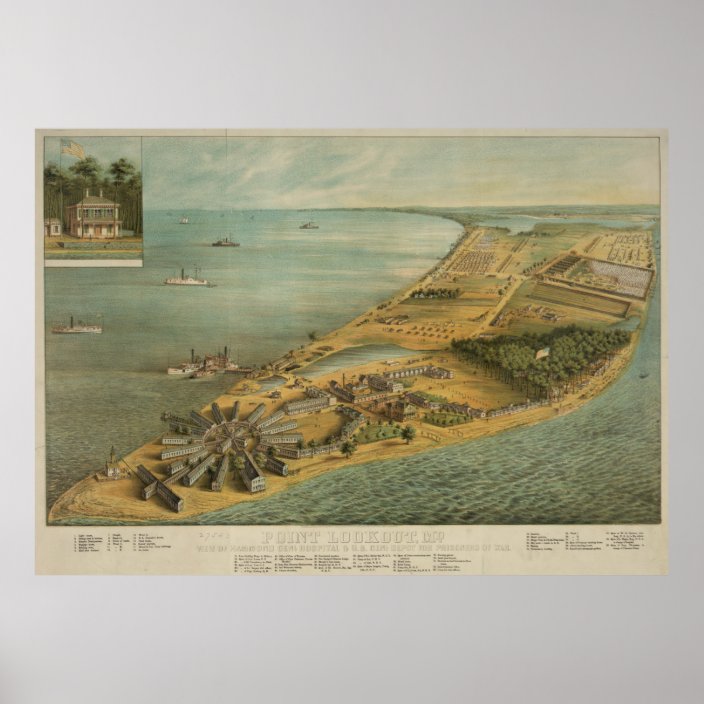 Vintage Pictorial Map of Point Lookout MD (1864) Poster