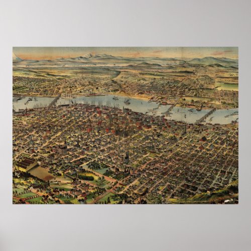 Vintage Pictorial Map of Portland Oregon 1890 Poster