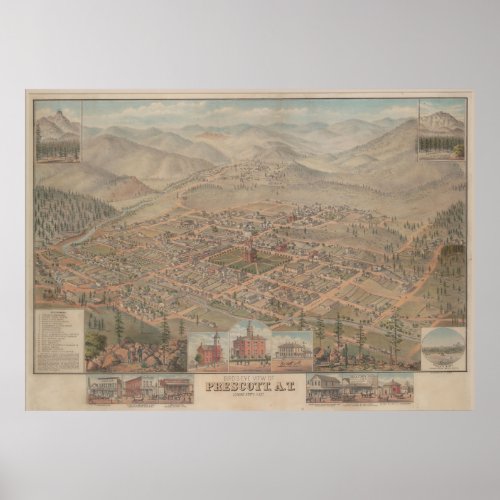 Vintage Pictorial Map of Prescott Arizona 1885 Poster