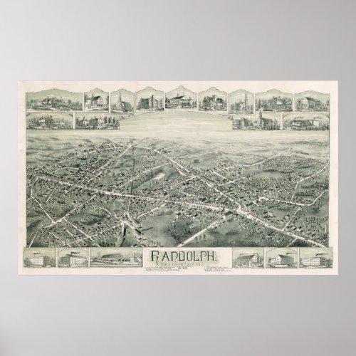 Vintage Pictorial Map of Randolph MA 1892 Poster