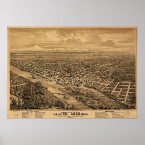 Vintage Pictorial Map of Salem Oregon 1876 Poster