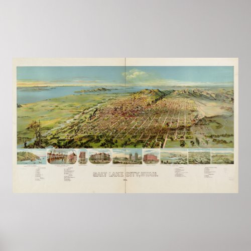 Vintage Pictorial Map of Salt Lake City 1891 Poster