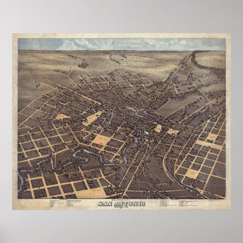 Vintage Pictorial Map of San Antonio TX 1873 Poster