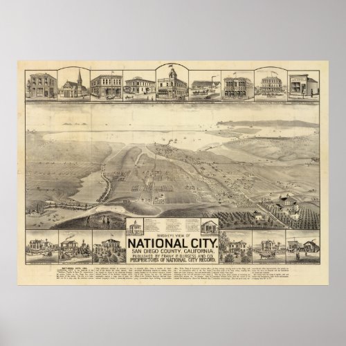 Vintage Pictorial Map of San Deigo CA 1887 Poster