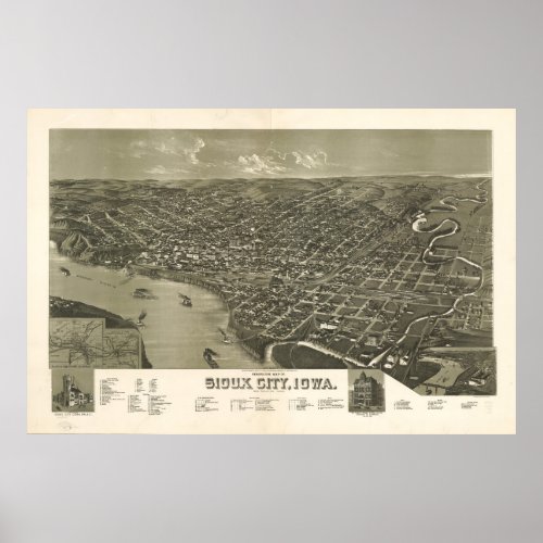 Vintage Pictorial Map of Sioux City Iowa 1888 Poster