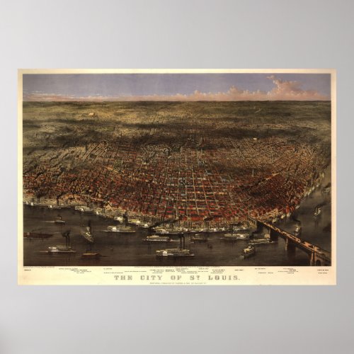 Vintage Pictorial Map of St Louis 1874 Poster