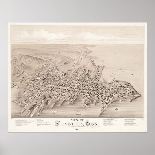 Vintage Pictorial Map of Stonington CT 1879 Poster