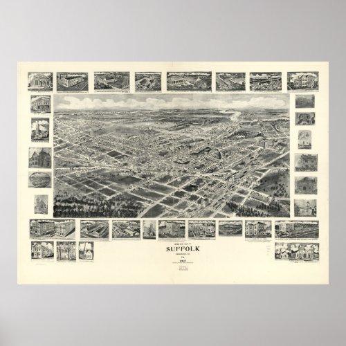 Vintage Pictorial Map of Suffolk VA 1907 Poster