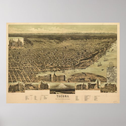 Vintage Pictorial Map of Tacoma WA 1890 Poster