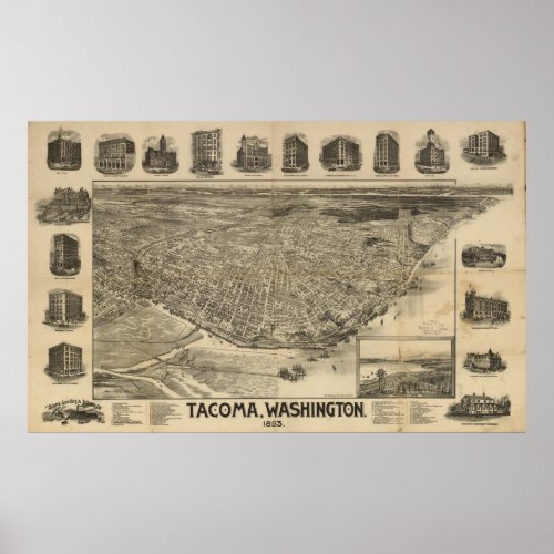 Vintage Pictorial Map of Tacoma WA 1893 Poster