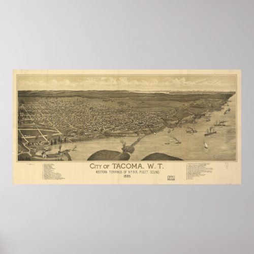 Vintage Pictorial Map of Tacoma Washington 1885 Poster