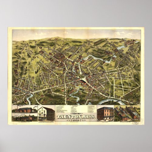 Vintage Pictorial Map of Taunton MA 1875 Poster