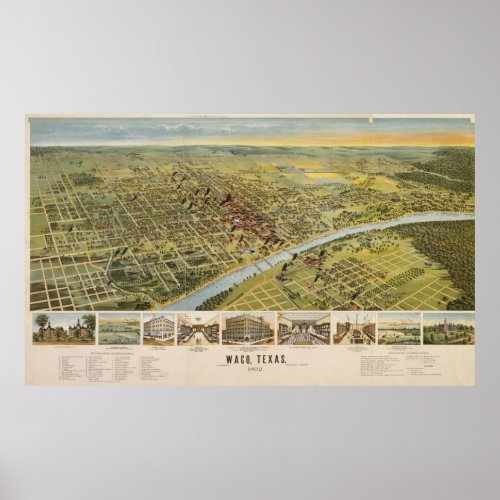 Vintage Pictorial Map of Waco Texas 1892 Poster