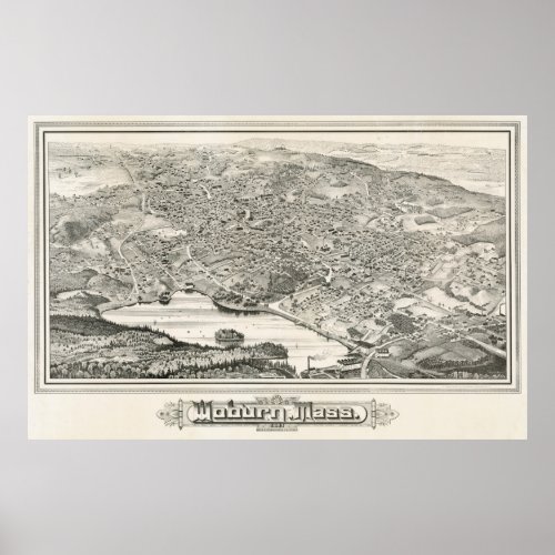 Vintage Pictorial Map of Woburn MA 1883 Poster