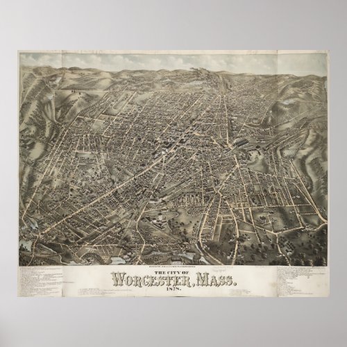 Vintage Pictorial Map of Worcester MA 1878 Poster