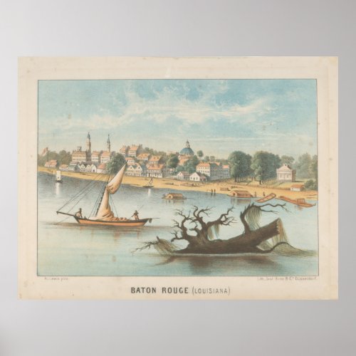 Vintage Pictorial View of Baton Rouge LA 1854 Poster
