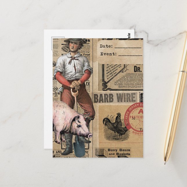 Vintage Pig and Farmer Collage Postcard (Front/Back In Situ)