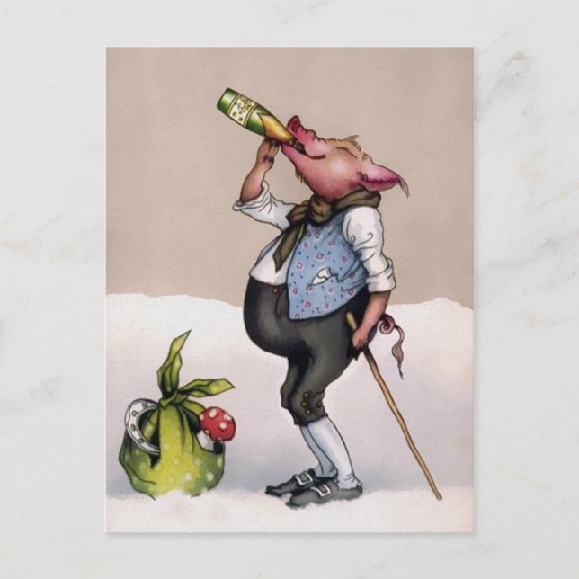 Vintage Pig Drinking Postcard (Front)