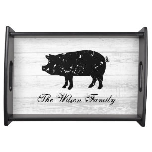 Vintage pig logo wood grain custom family name serving tray