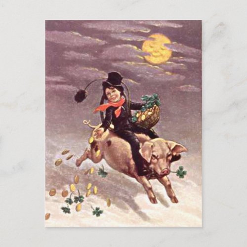 Vintage Pig Moon Gold Shamrock St Patricks Day Postcard