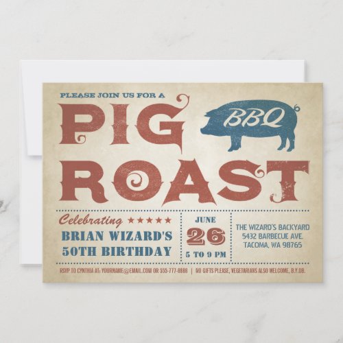 Vintage Pig Roast BBQ Birthday Invitation