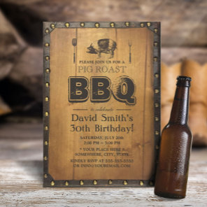 Vintage Pig Roast BBQ Dirty 30 Old Wood Birthday Invitation