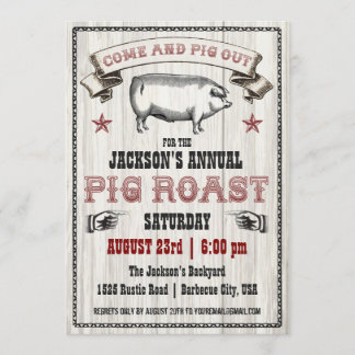 Vintage Pig Roast Invitation on Wood